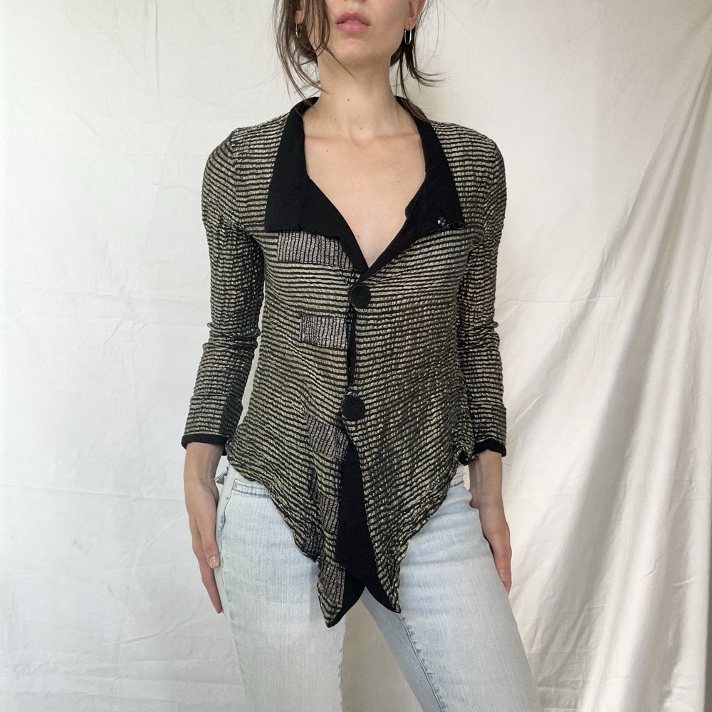 Deborah Cross 3/4 Sleeve Striped Blouse Black Gold Art To Wear Gothic